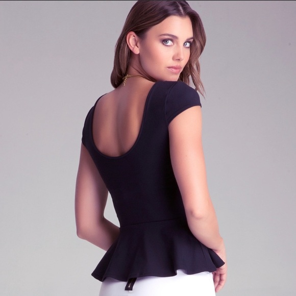 Women’s Bebe Black Scoop Neck Peplum Top Short Sleeve XXS - Picture 2 of 5